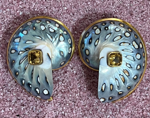 Leopard-spotted Nautilus Earrings with Citrines
