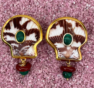 Scallop Earrings with Malachite and Carnelian