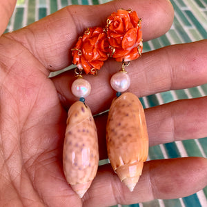 Carved Italian Coral, Pink Olive 14-Karat Gold Earrings