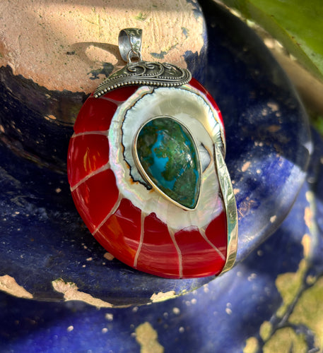 Red Nautilus Pendant with Turquoise