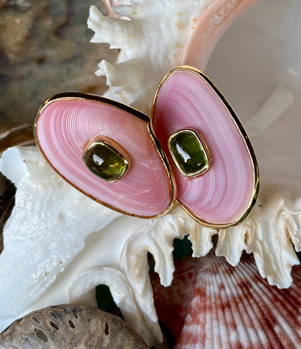 Pink Tellin and Peridot, Vermeil Earrings