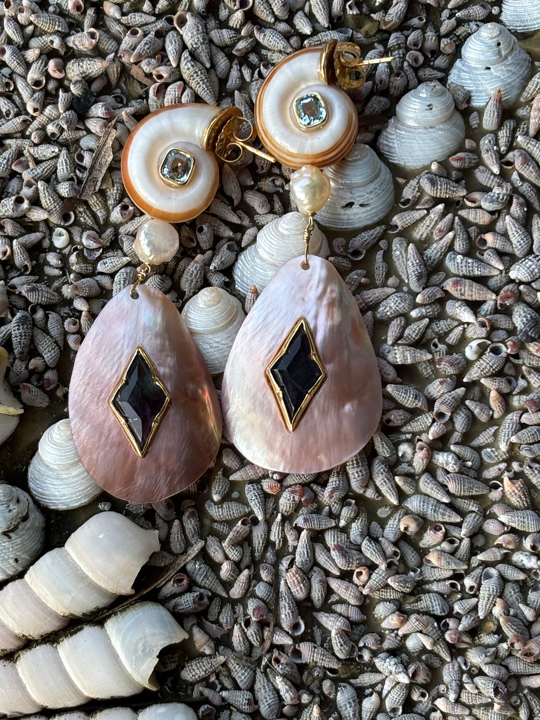 Pink Nacre, Pearl, Fluorite Vermeil Earrings