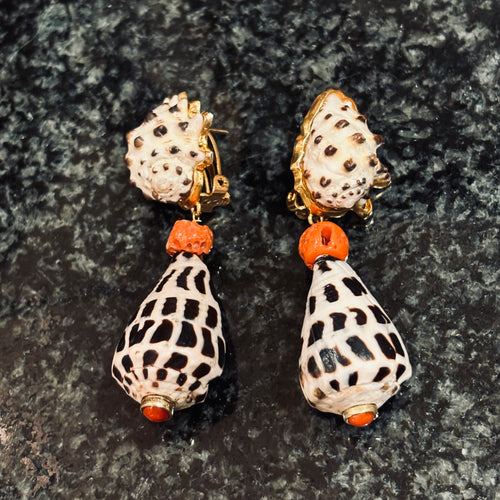 Pair Vermeil Hebrew Cone and Coral Earrings