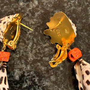 Pair Vermeil Hebrew Cone and Coral Earrings