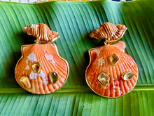 Orange Scallop & Cymbatium Shell Drop Earrings with Gemstones
