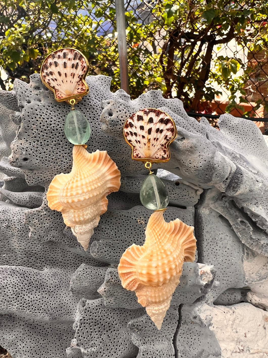 Maple Leaf Shell Earrings with Sugar Aquamaringes