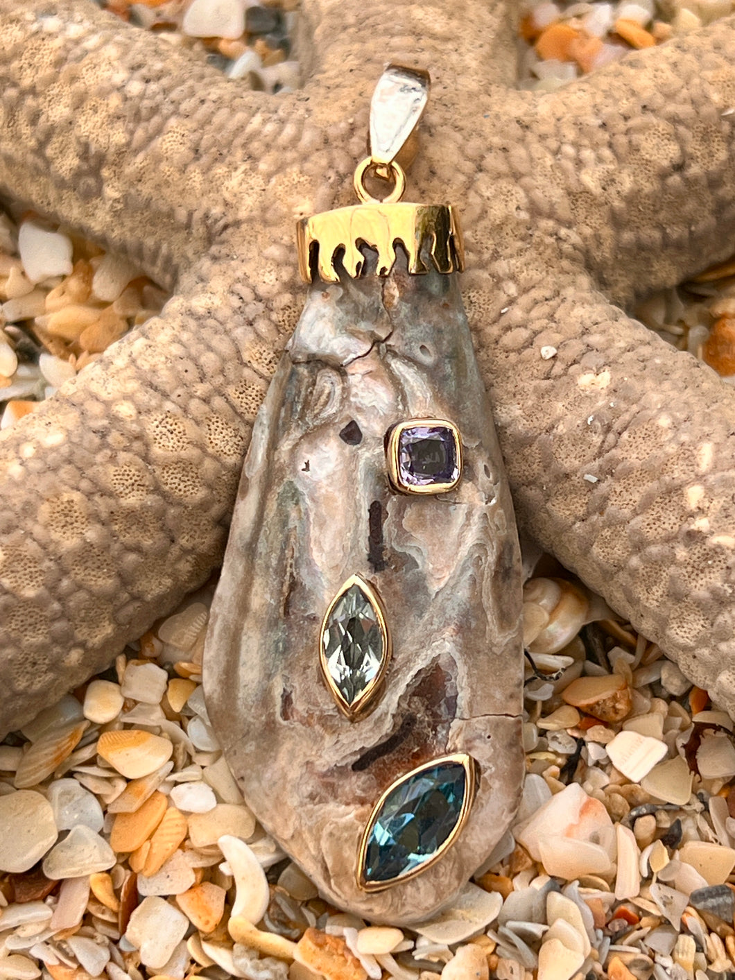 14--Karat Fossilized Oyster Shell Pendant with Aquamarine & Amethyst