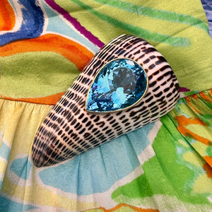 Conus Litteratus  Shell Brooch with Swiss Blue Topaz