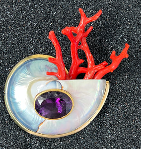 Nautilus and Italian Red Coral Brooch