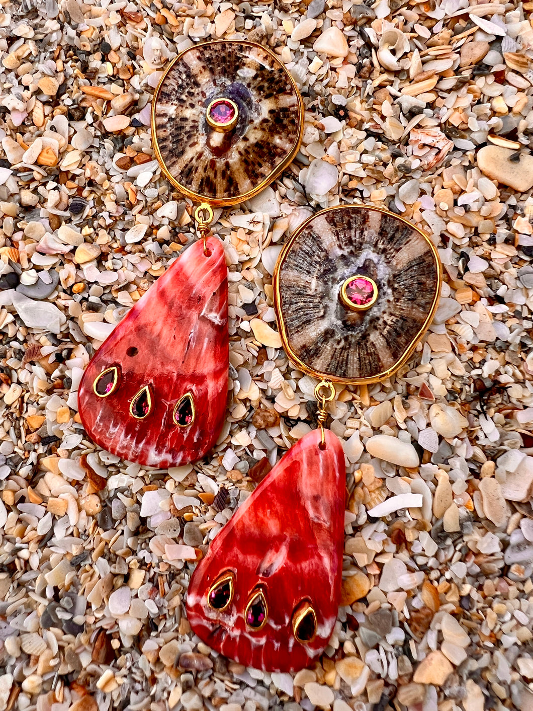 Limpet & Spondilius Shell Drop Earrings set with Garnets