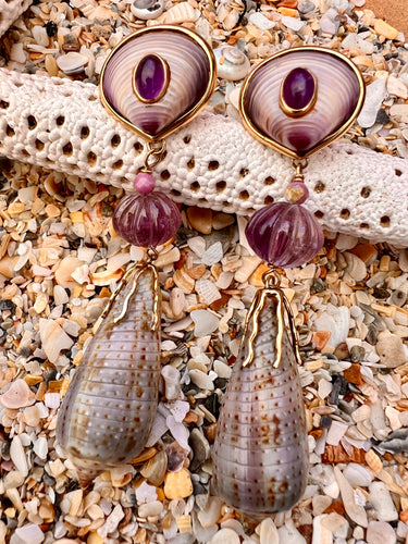 Clam & Cone Shell Drop Earrings with Amethyst