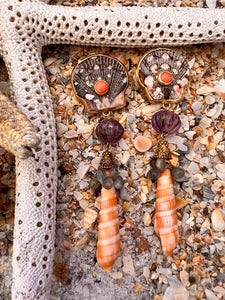 Pixiedatus & Terebra Shell Drop Earrings with Amethyst & Coral