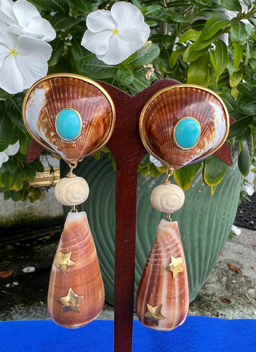 Convertible Cockle & Conus Shell Drop Earrings with Turquoise