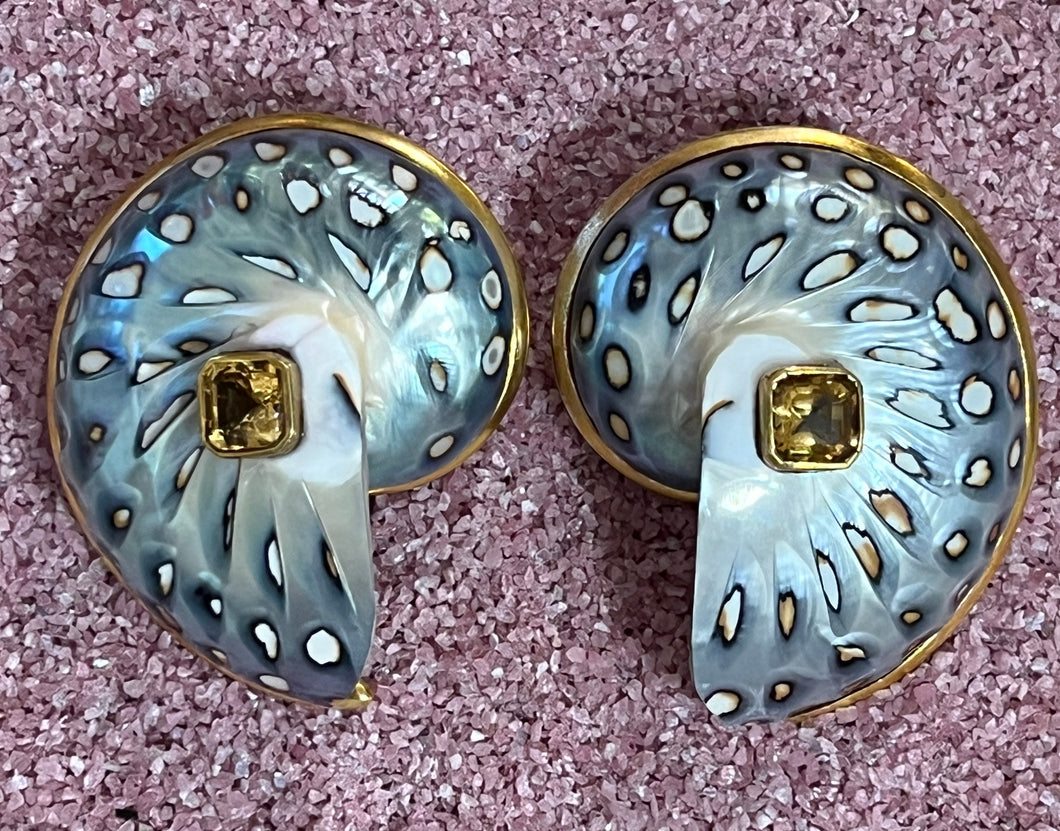 Leopard-spotted Nautilus Earrings with Citrines