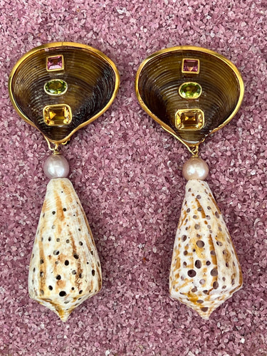 Fabulous Clam Dangle Earrings with Citrines, Peridots and Pink Topaz