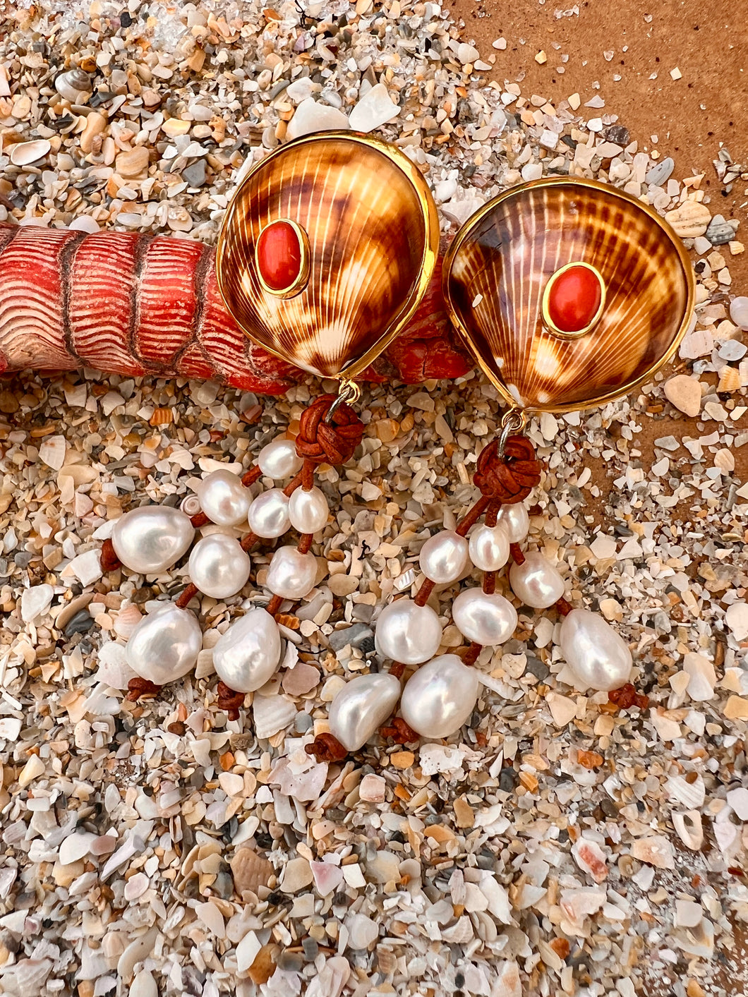 Cockle and Pearl Drop Earrings on Leather