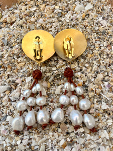 Cockle and Pearl Drop Earrings on Leather