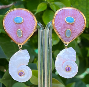 Scallop and Pearled Snail Earrings with Larimar, Amethysts and Chrysoprase