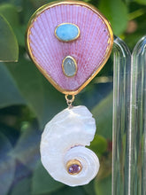 Scallop and Pearled Snail Earrings with Larimar, Amethysts and Chrysoprase