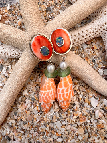 Red Spondilius & Mitre Shell Drop Earrings with Black Opals