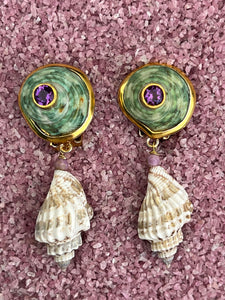 Green Snail  & Whelk Drop Earrings with Lepidolite and Amethyst