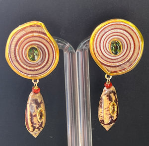 Sundial & Olive Shells Drop Earrings with Tourmaline