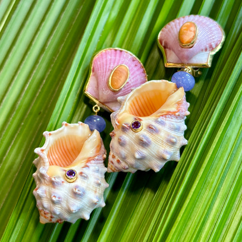 Drupa Shell Drop Earrings with Coral & Lolite