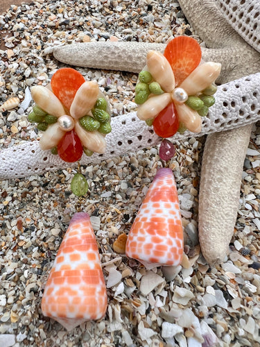 Conus Shell Drop  Earrings with Carnelian & Pearl