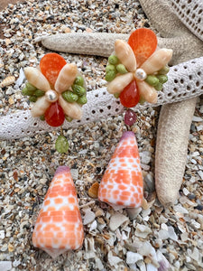 Conus Shell Drop  Earrings with Carnelian & Pearl
