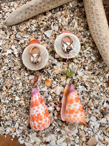 Conus Shell Drop  Earrings with Carnelian & Pearl
