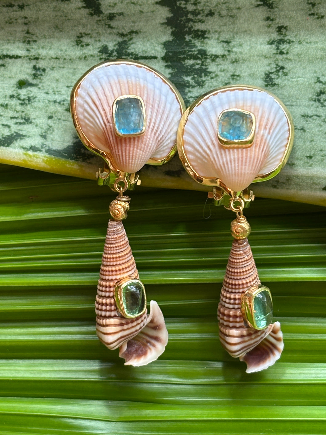 Terebra Shell Drop Earrings with Tourmaline