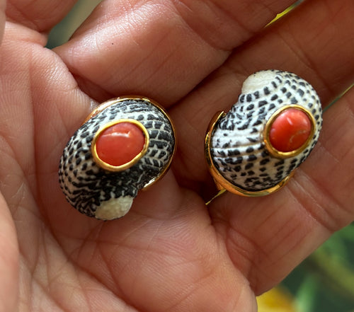 14-karat Gold Nerite Shell Earrings with Red Coral