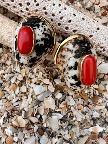 10-karat Gold Nerite Shell Earrings with  Italian Red Coral