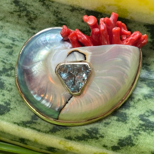 Nautilus Brooch with Aquamarine & Red Coral