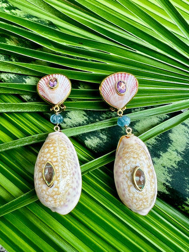 Cyprea Shell Drop Earrings with Kyanite & Tourmalines