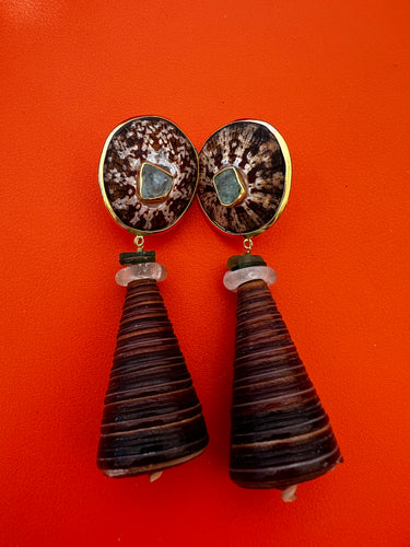 Telescopium Shell Drop Earrings with Tourmalines