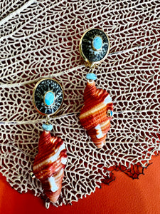 Cymbatium Drop Shell Earrings with Amazonite & Sapphire