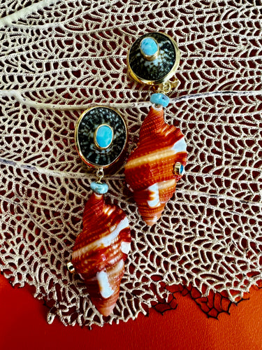 Cymbatium Drop Shell Earrings with Amazonite & Sapphire