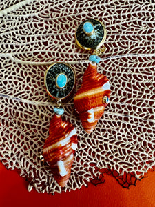 Cymbatium Drop Shell Earrings with Amazonite & Sapphire