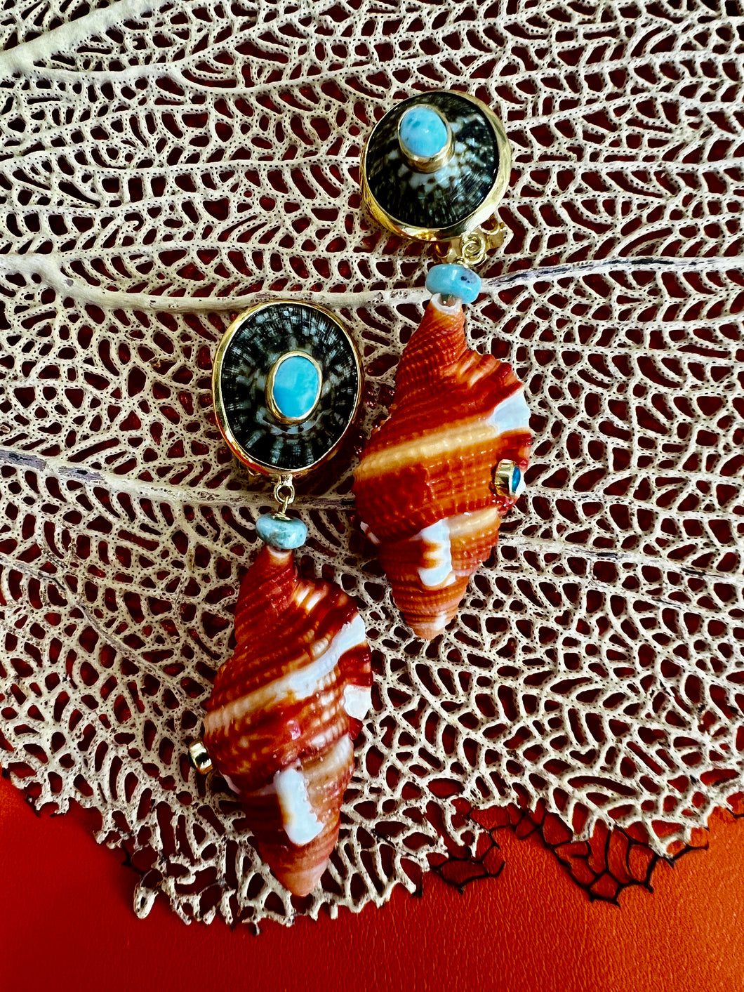 Cymbatium Drop Shell Earrings with Amazonite & Sapphire