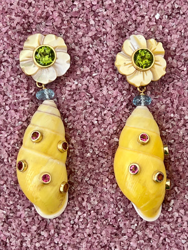 Yellow Drop Shell Earrings with Peridot and Sapphires