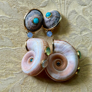 Ram's Horn Shell Earrings with Gem Stones