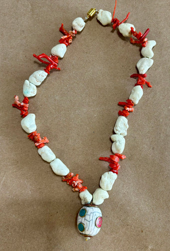 White Turquoise & Coral Necklace with Coral Bead