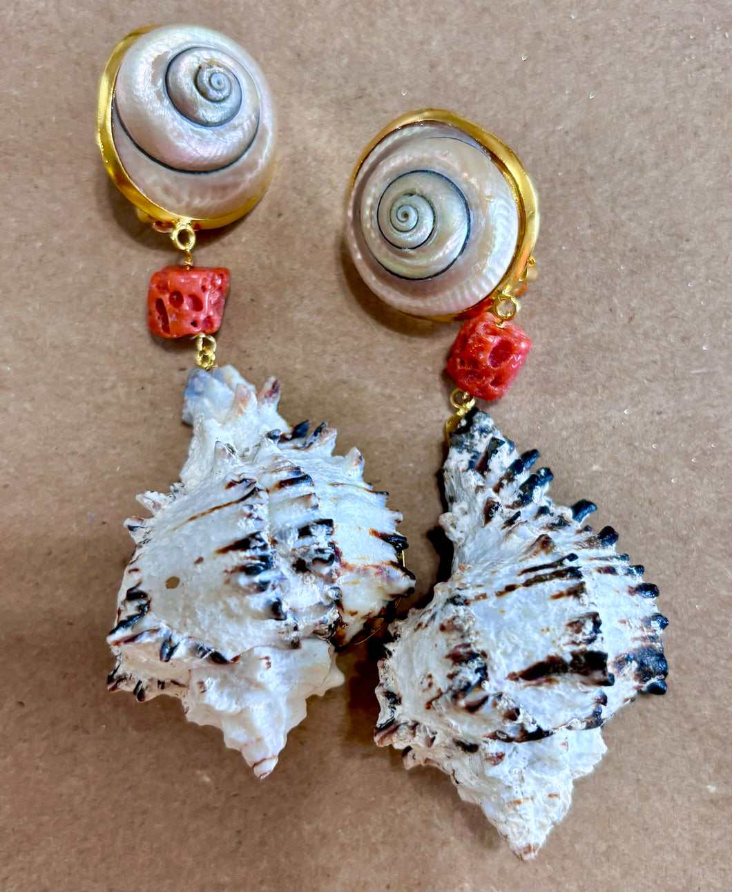 Murex Drop Earrings with Italian Coral Beads