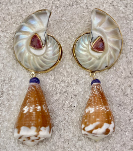 Nautlilus & Cone Shell Drop Earrings with Tourmaline
