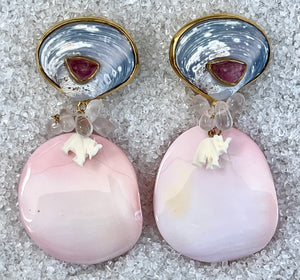 Clam & Polished Conch Earrings with Pink Tourmaline