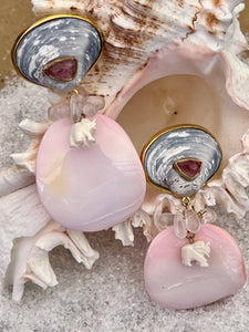 Clam & Polished Conch Earrings with Pink Tourmaline