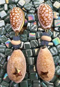Cyprea Shell and Deer Cowrie Earrings with Iolite