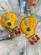 Yellow Scallop Earrings with Turquoise & Carnelian
