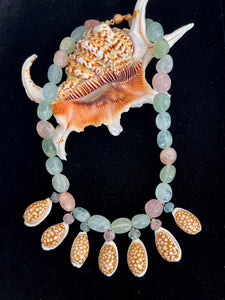 Aquamarine Choker Necklace with Cyprea Cribaria Shells